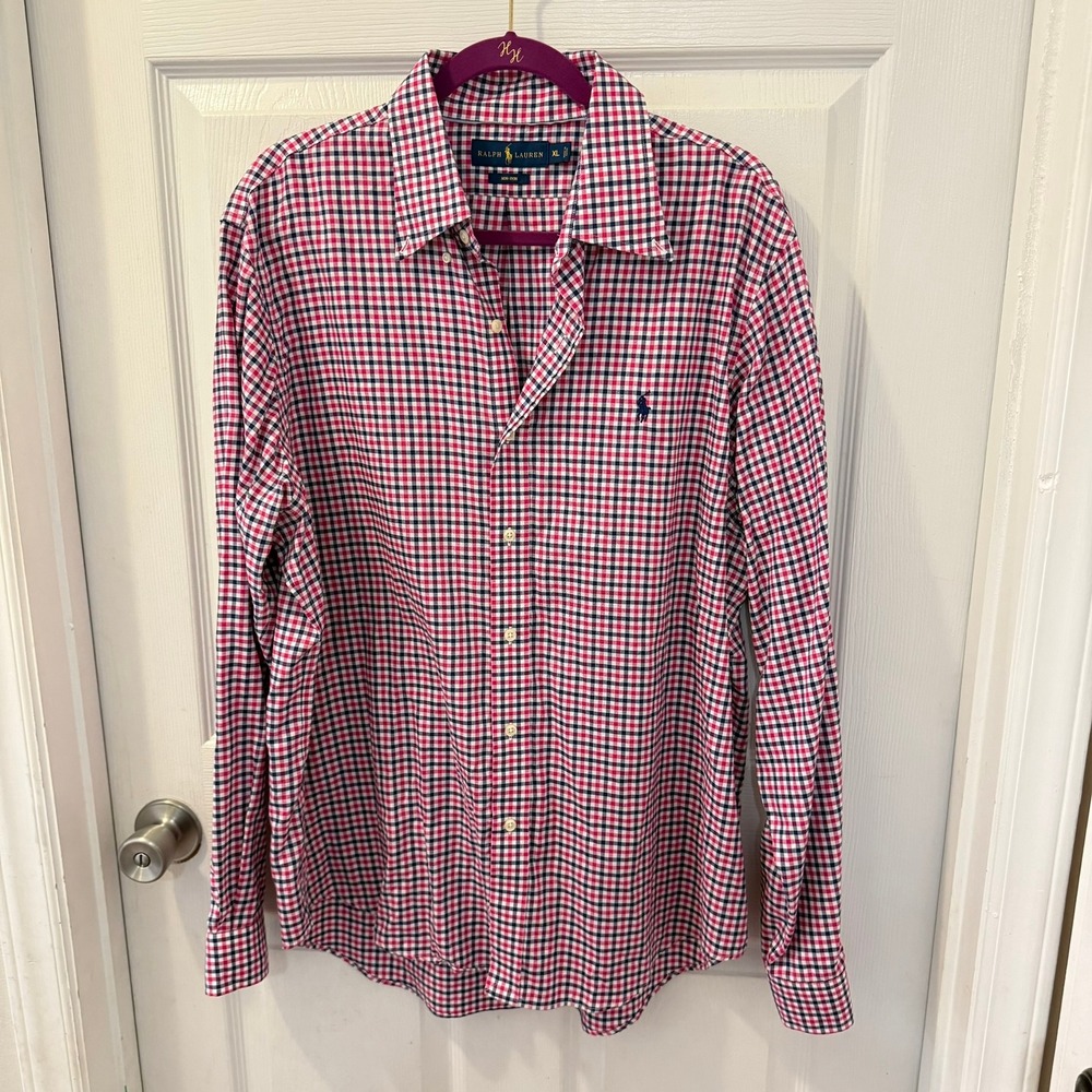 Ralph Lauren Men's XL‎ Pink Navy Gingham Checkered Long Sleeve Button Down Shirt